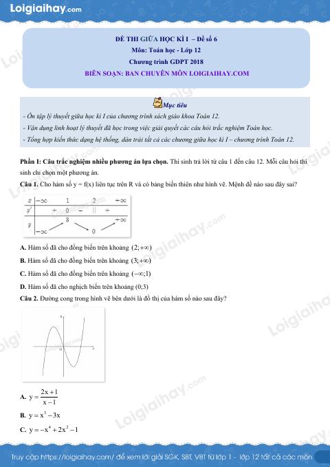 Đề thi giữa kì 1 Toán 12 - Đề số 6